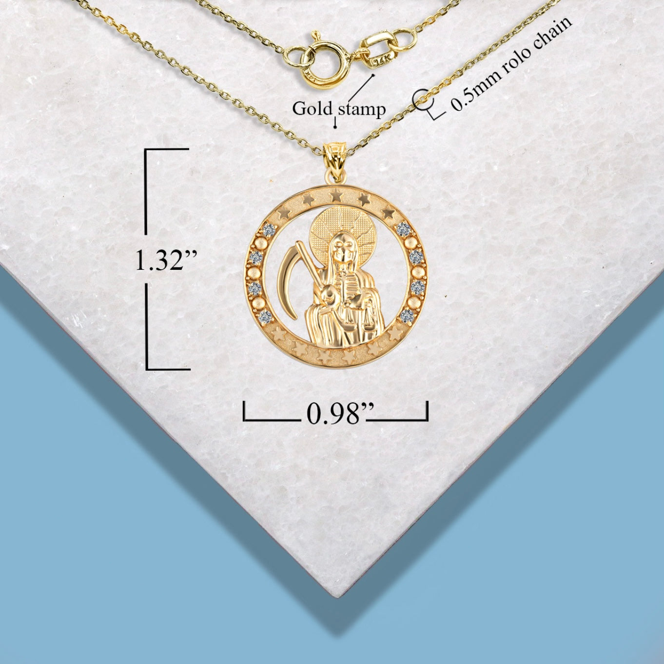 Gold Cubic Zirconia Santa Muerte Grim Reaper Round Pendant Chain