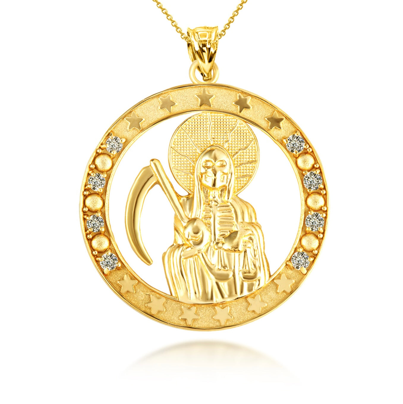 Gold Cubic Zirconia Santa Muerte Grim Reaper Round Pendant Chain