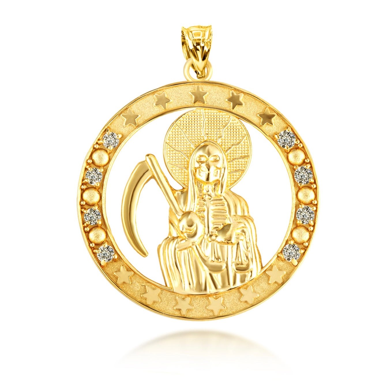 Gold Cubic Zirconia Santa Muerte Grim Reaper Round Pendant Chain