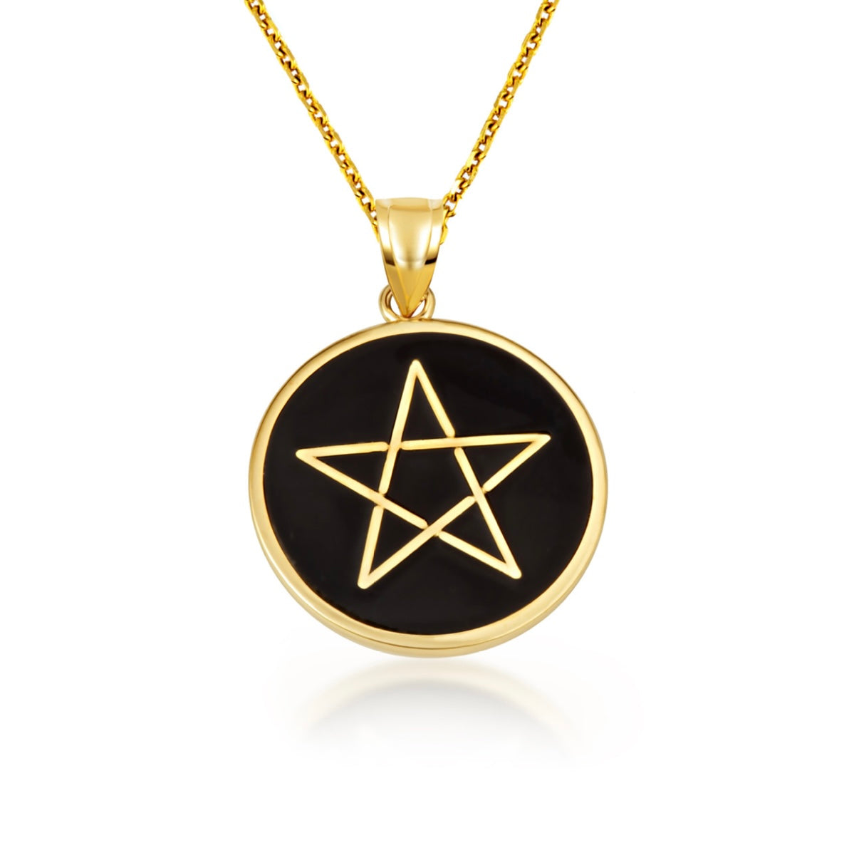 Gold Enamel Wiccan 5 Point Star Pentagram Medallion Pendant Chain
