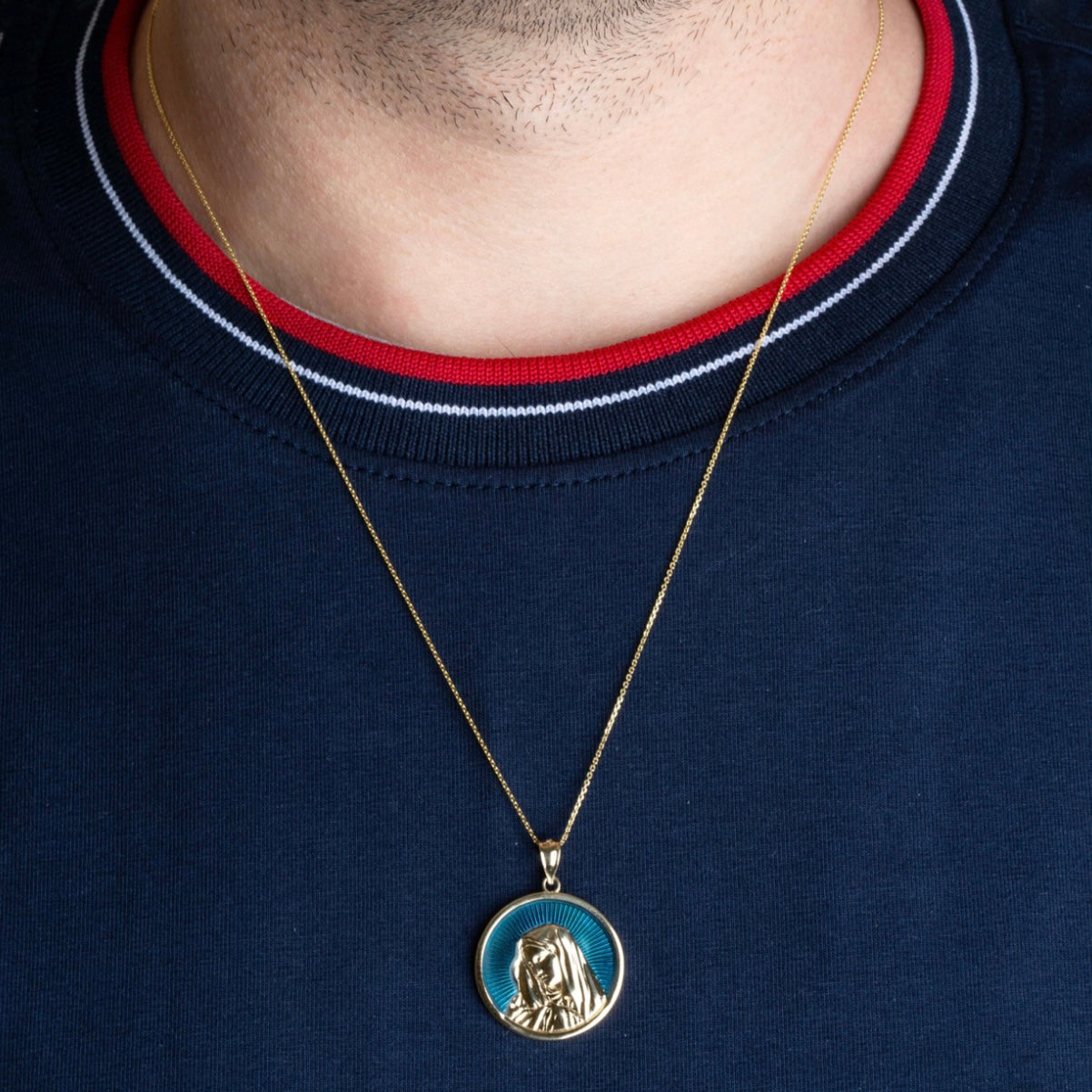 Gold Enamel Virgin Mother Mary Medallion Pendant Chain