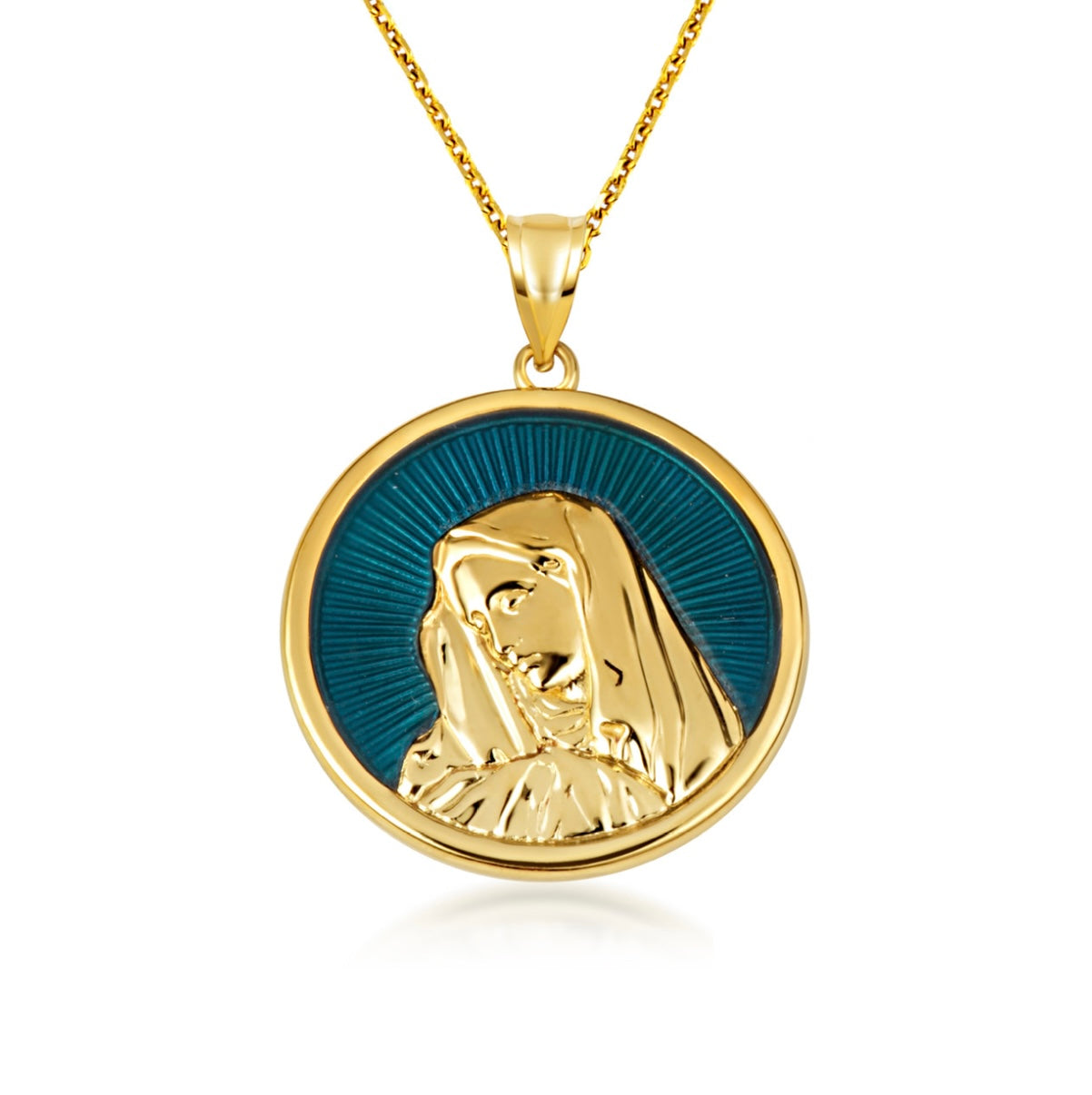 Gold Enamel Virgin Mother Mary Medallion Pendant Chain
