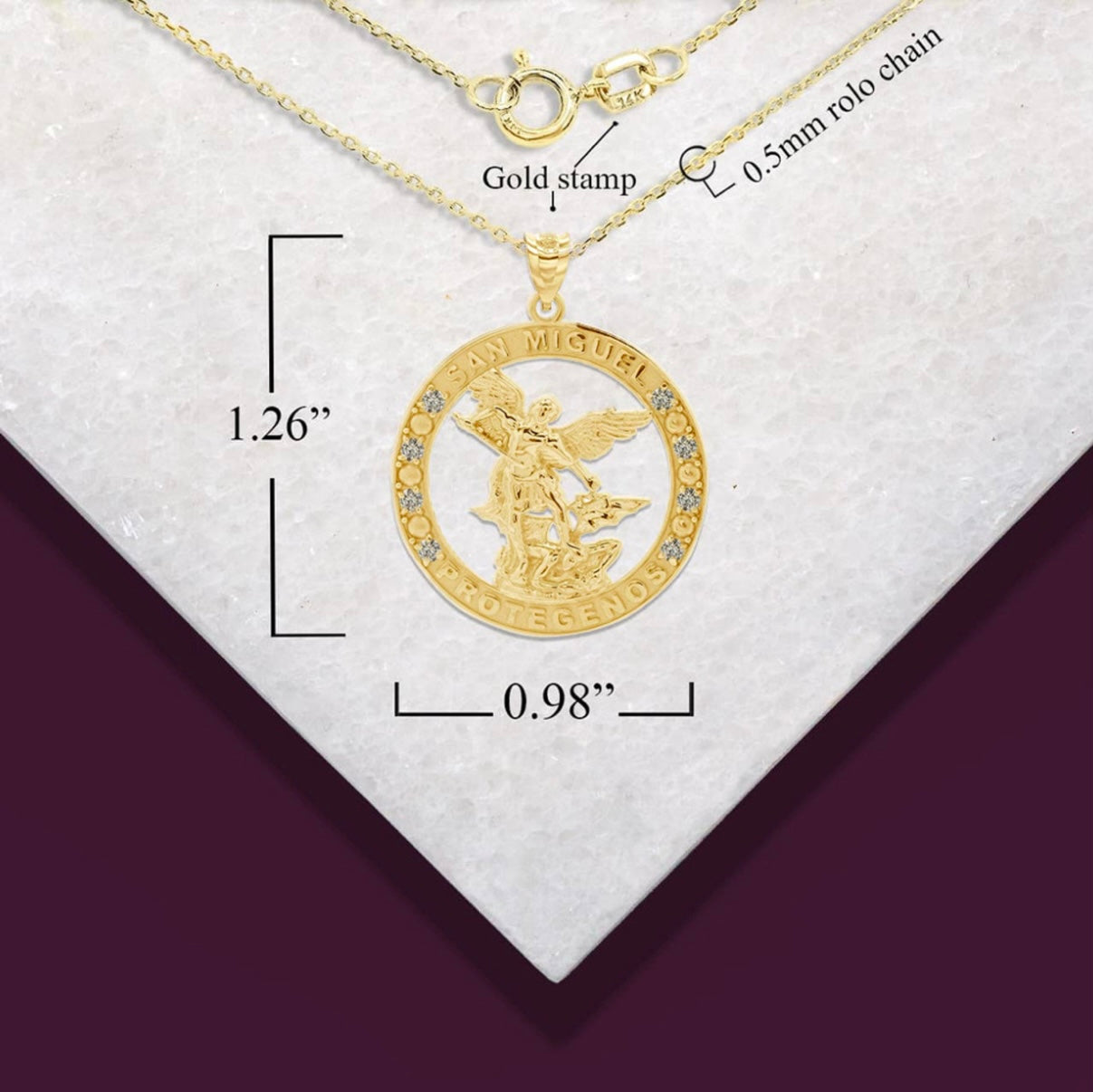 Gold Cubic Zirconia Patron Saint Michael Archangel Round Pendant Chain