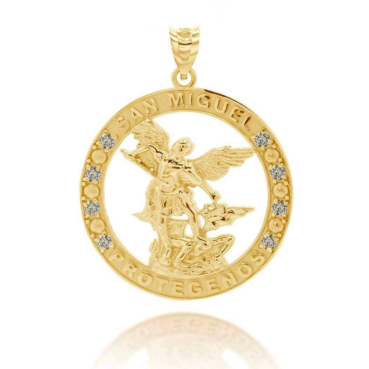 Gold Cubic Zirconia Patron Saint Michael Archangel Round Pendant Chain
