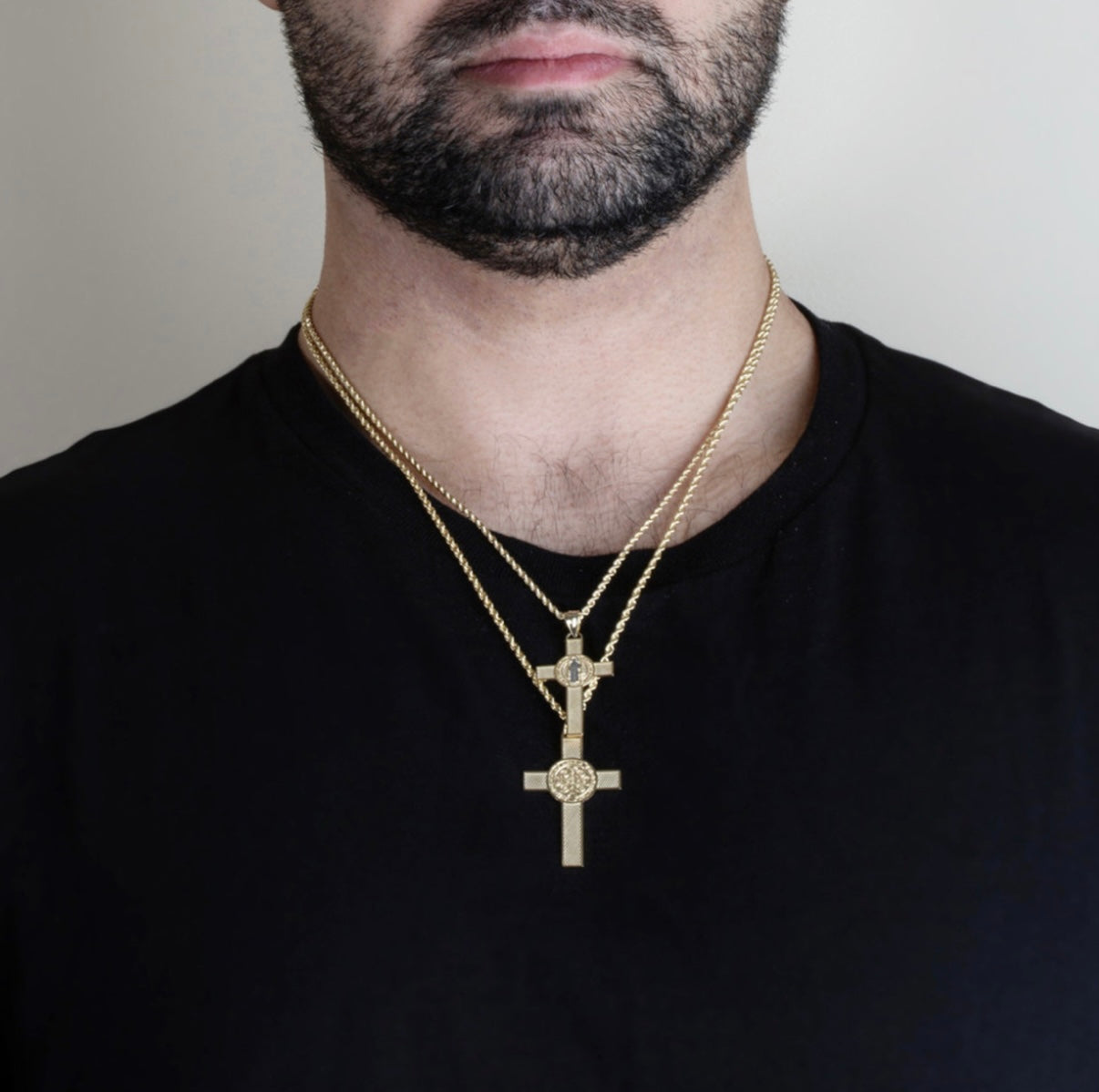 Two-Tone Gold Saint Benedict Medal Cross Textured Pendant Chain