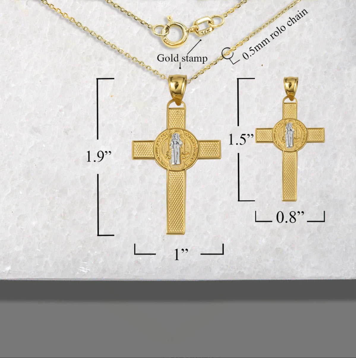 Two-Tone Gold Saint Benedict Medal Cross Textured Pendant Chain