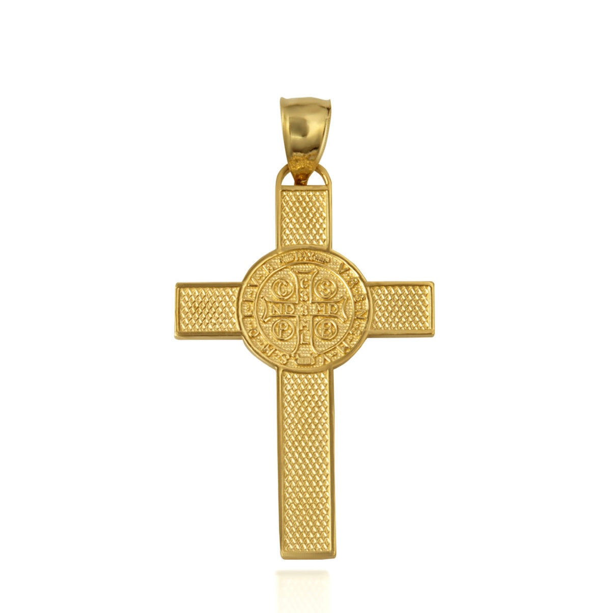 Two-Tone Gold Saint Benedict Medal Cross Textured Pendant Chain