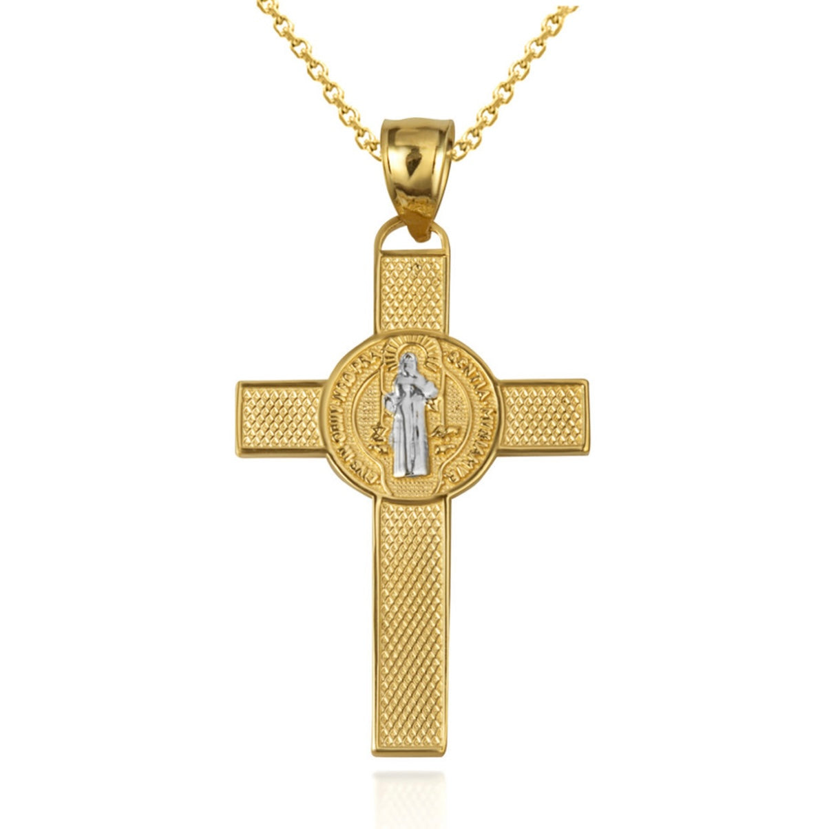 Two-Tone Gold Saint Benedict Medal Cross Textured Pendant Chain