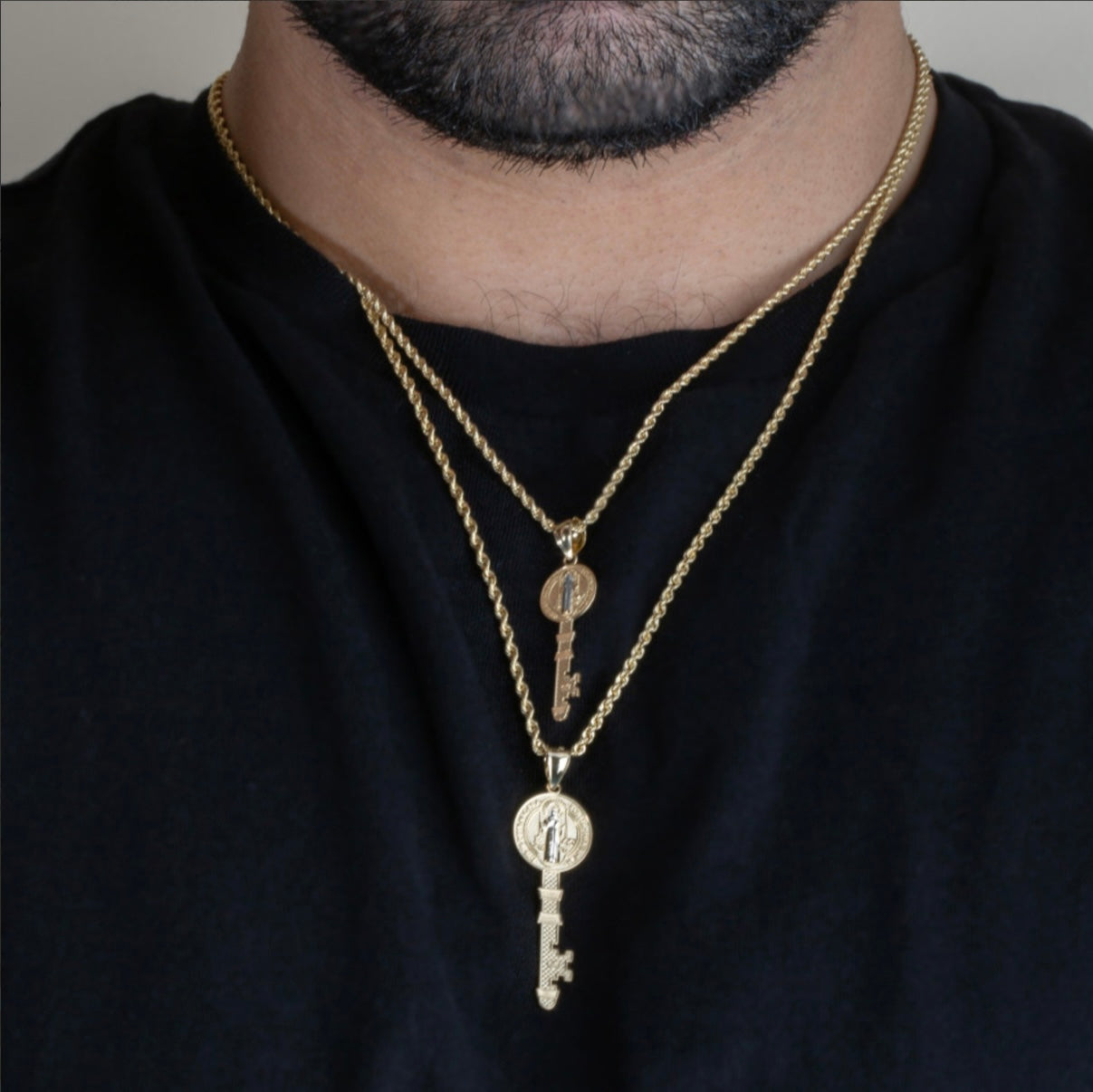 Two-Tone Gold Saint Benedict Medal Key Textured Pendant Chain