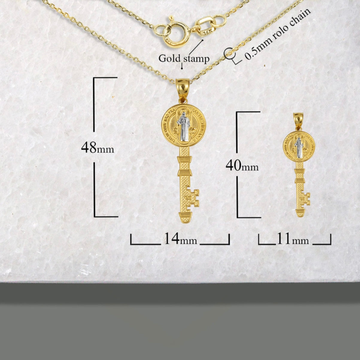 Two-Tone Gold Saint Benedict Medal Key Textured Pendant Chain