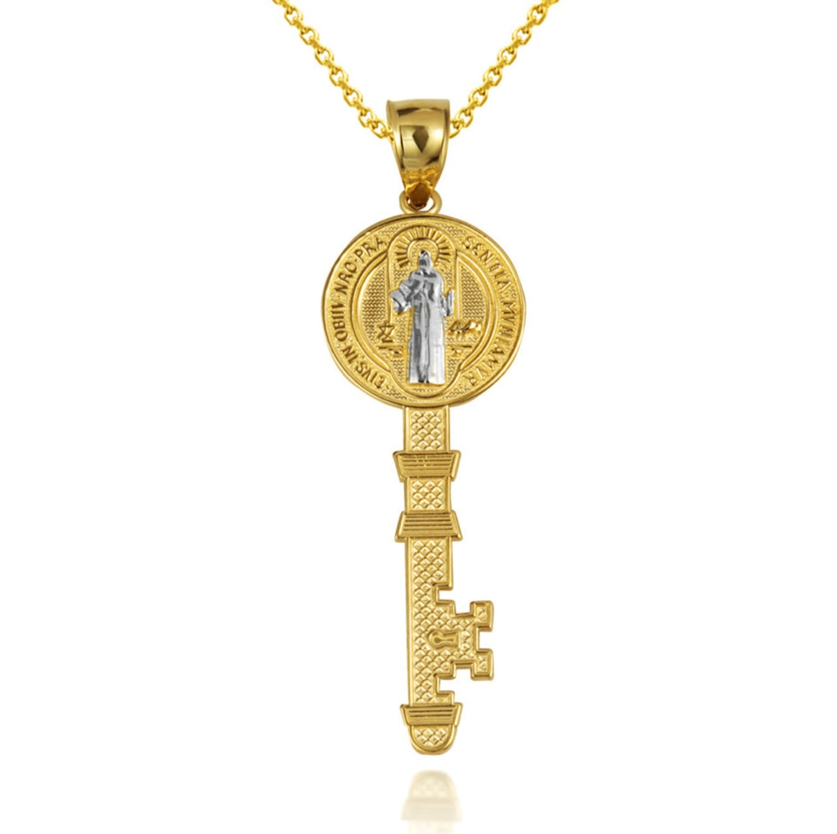 Two-Tone Gold Saint Benedict Medal Key Textured Pendant Chain