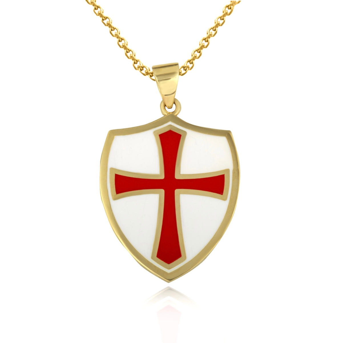Solid Gold Medieval Knight Crusader Cross Shield Enamel Pendant Chain