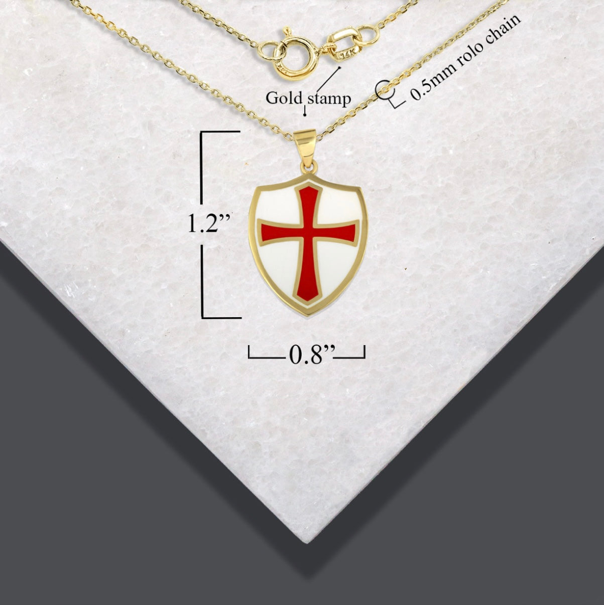 Solid Gold Medieval Knight Crusader Cross Shield Enamel Pendant Chain