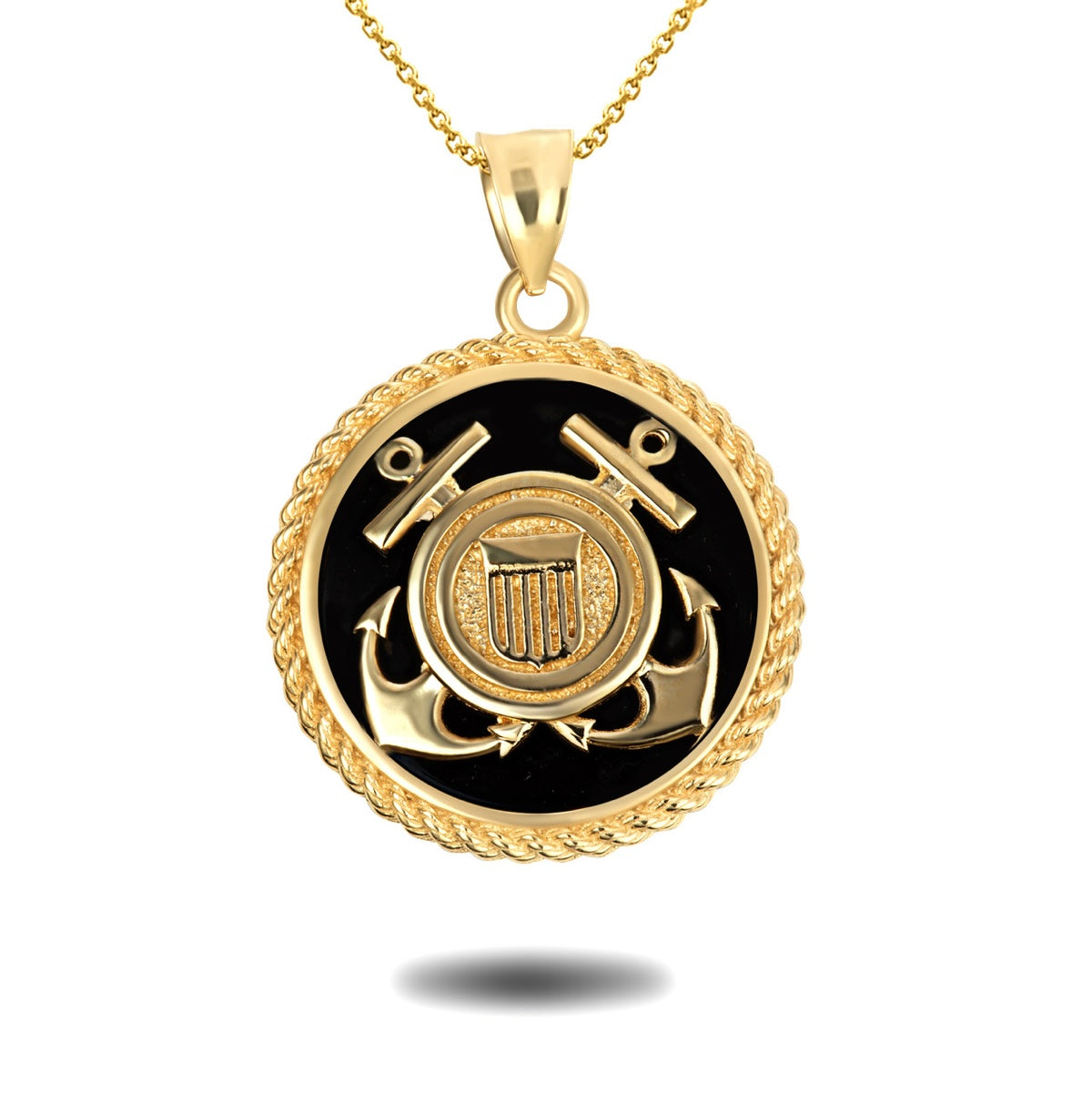 Gold Black Onyx Anchors United States Coast Guard Seal Pendant Chain