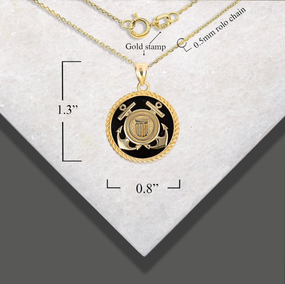 Gold Black Onyx Anchors United States Coast Guard Seal Pendant Chain