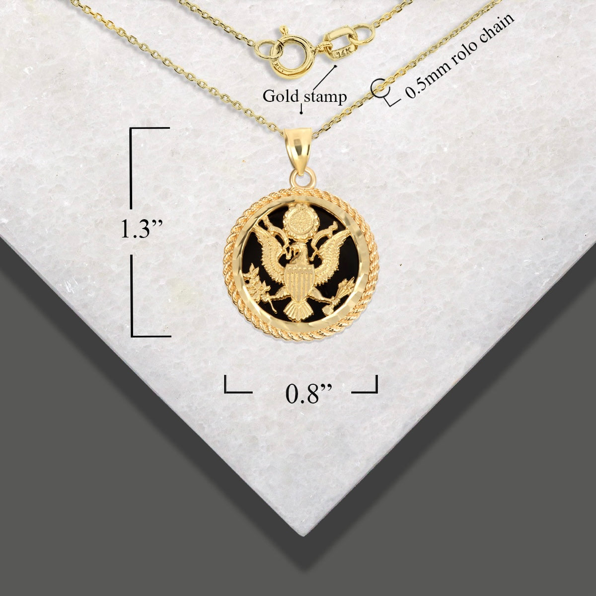 Gold Black Onyx American Eagle United States Seal Rope Medallion Pendant Chain
