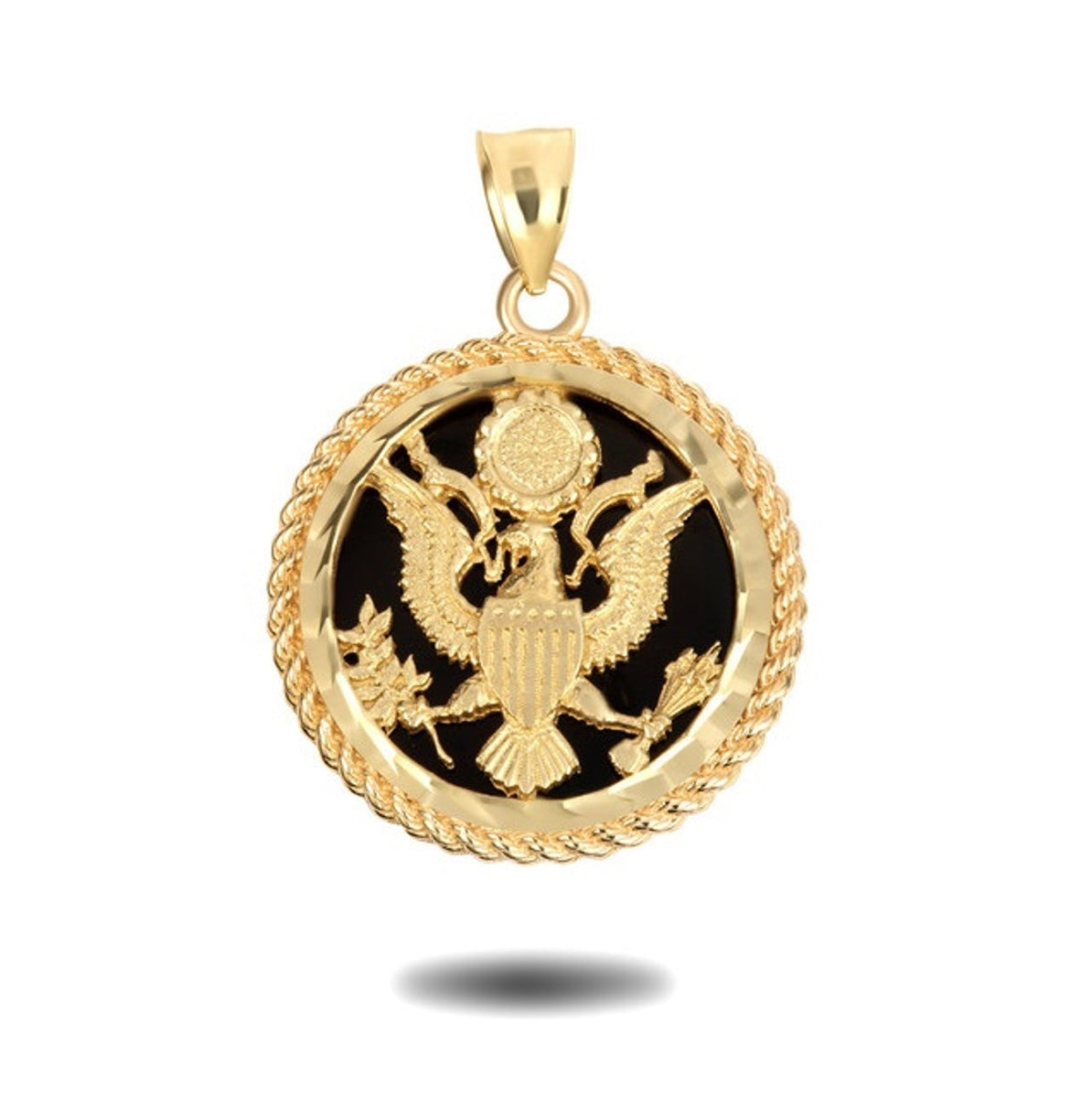 Gold Black Onyx American Eagle United States Seal Rope Medallion Pendant Chain