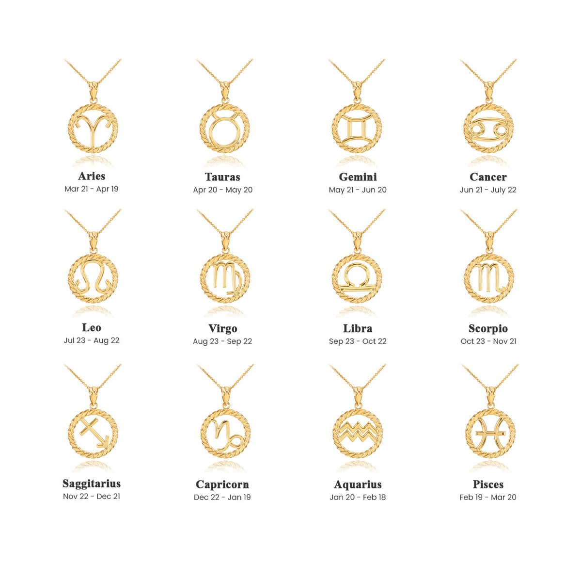 12 Gold Astrological Zodiac Sign In Circle Rope Pendant Chain