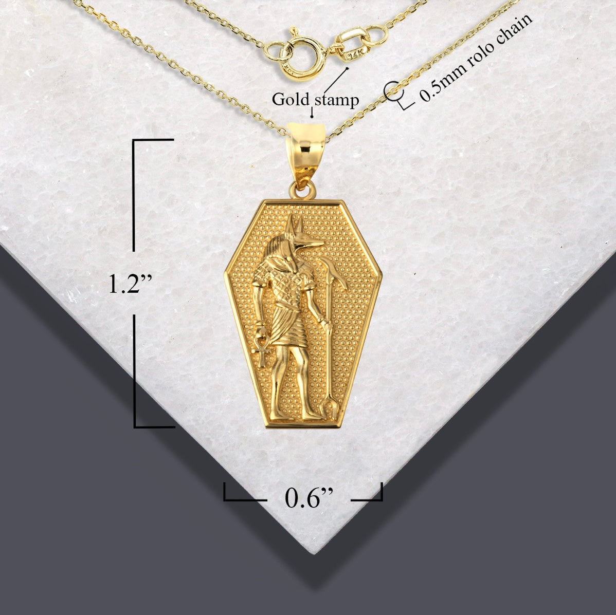 Solid Gold Egyptian Anubis Coffin Ankh Cross Beaded Pendant Chain