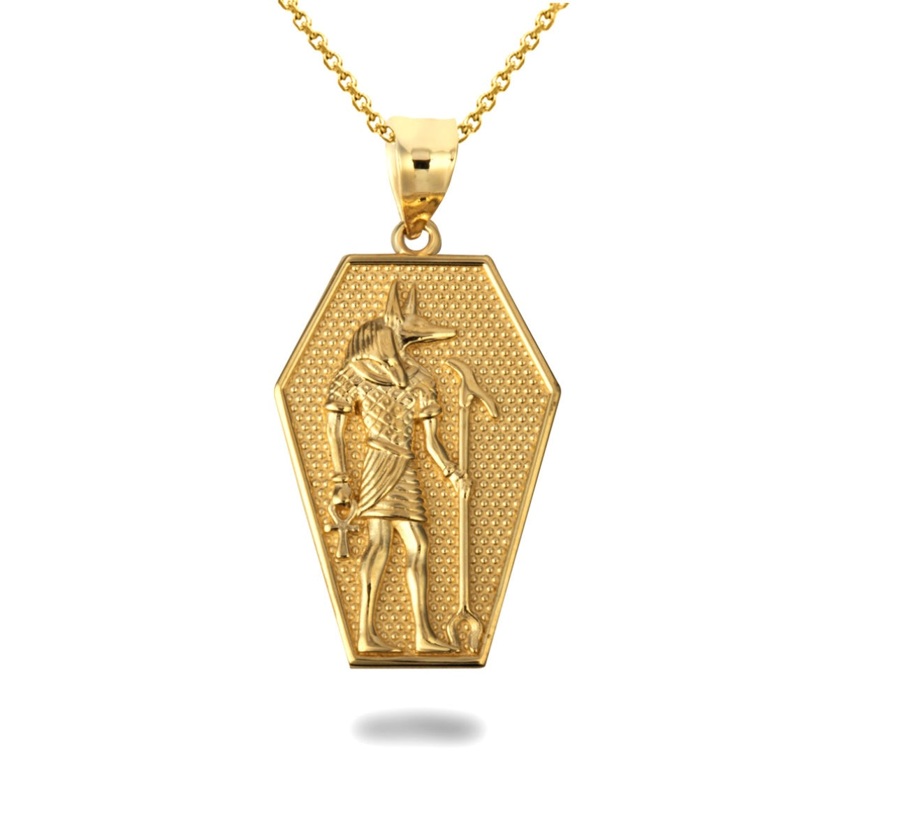 Solid Gold Egyptian Anubis Coffin Ankh Cross Beaded Pendant Chain