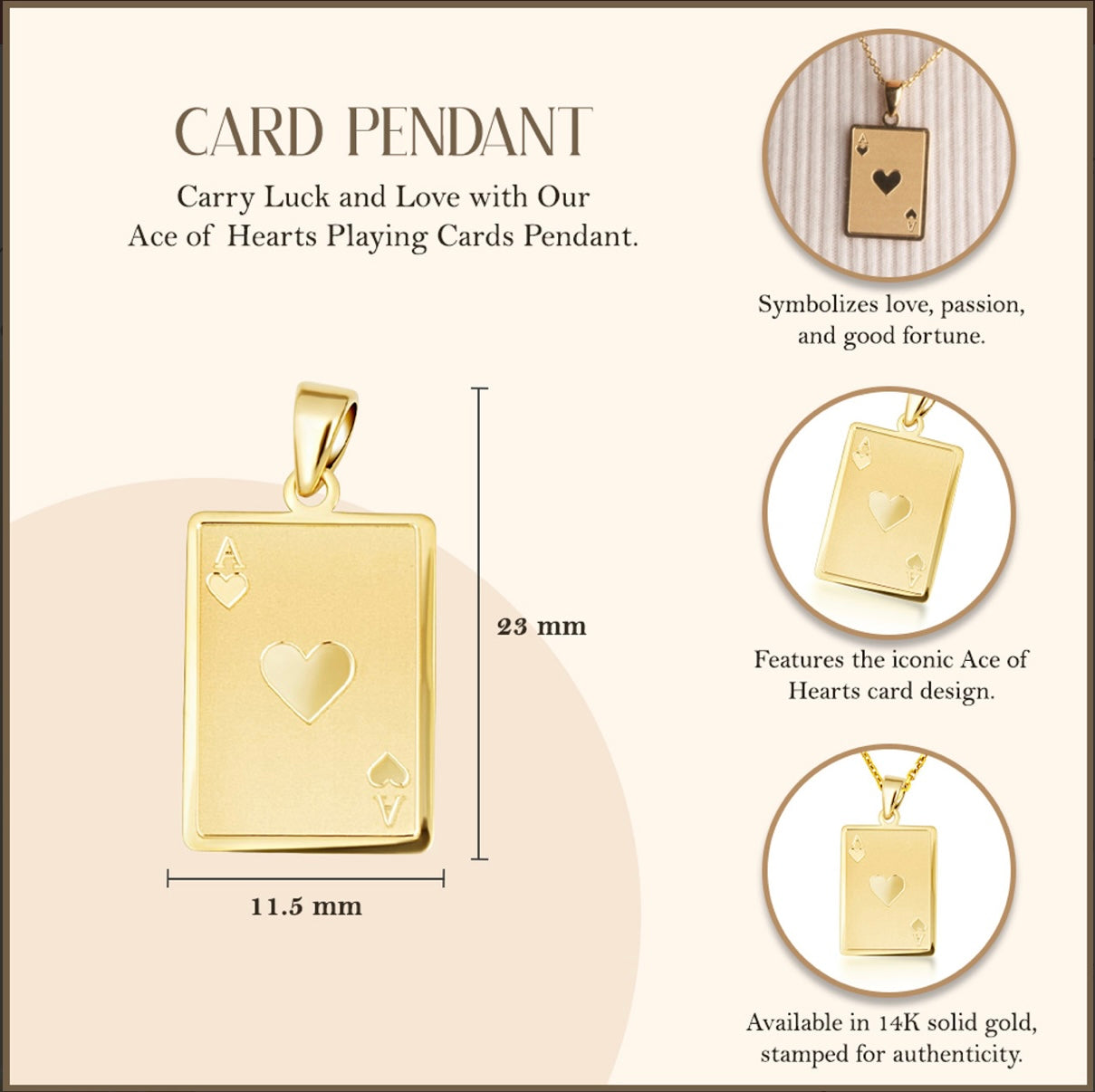 14K Yellow Gold Ace Of Hearts Playing Cards Pendant Chain