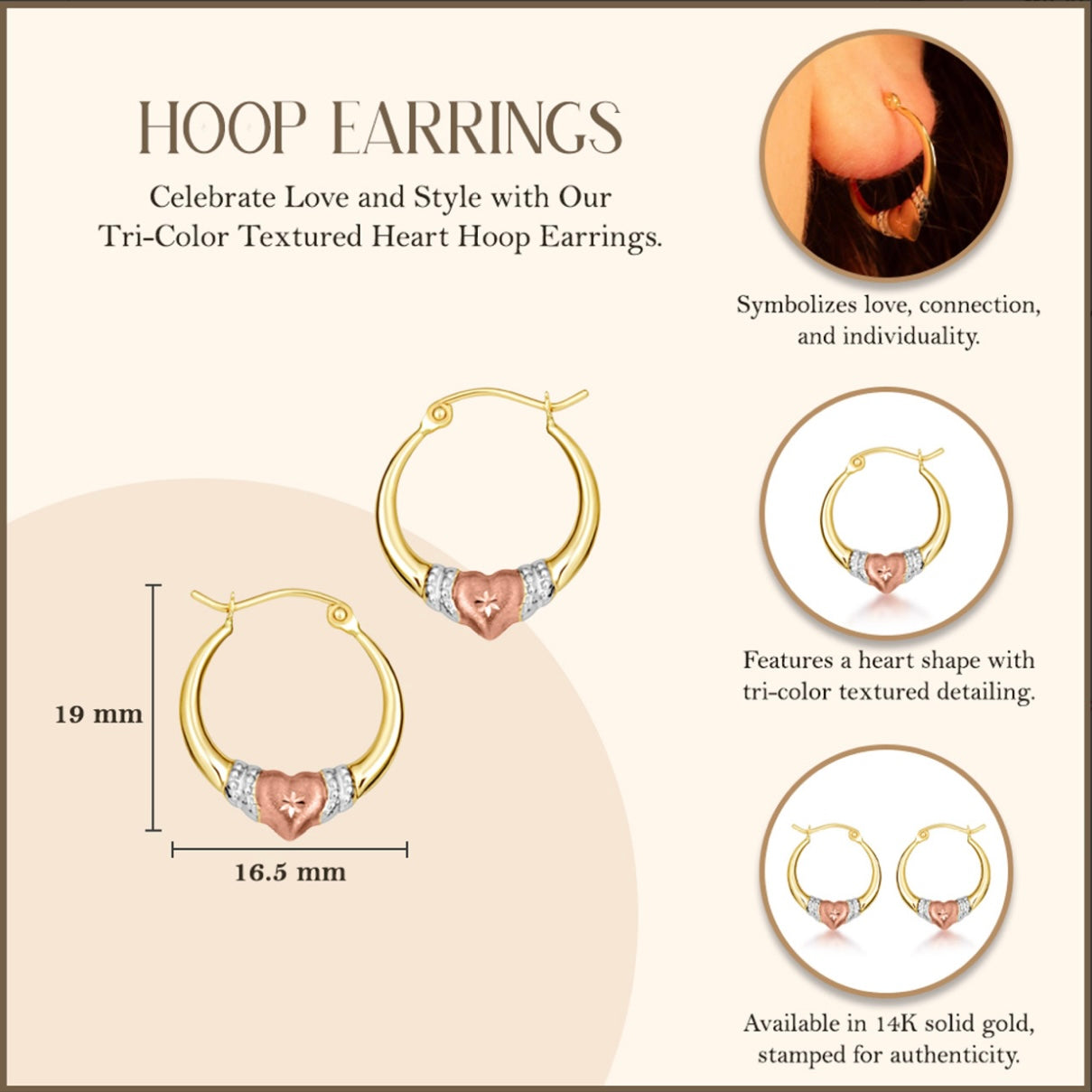 Tri-Color Gold Textured Heart Hoop Earrings