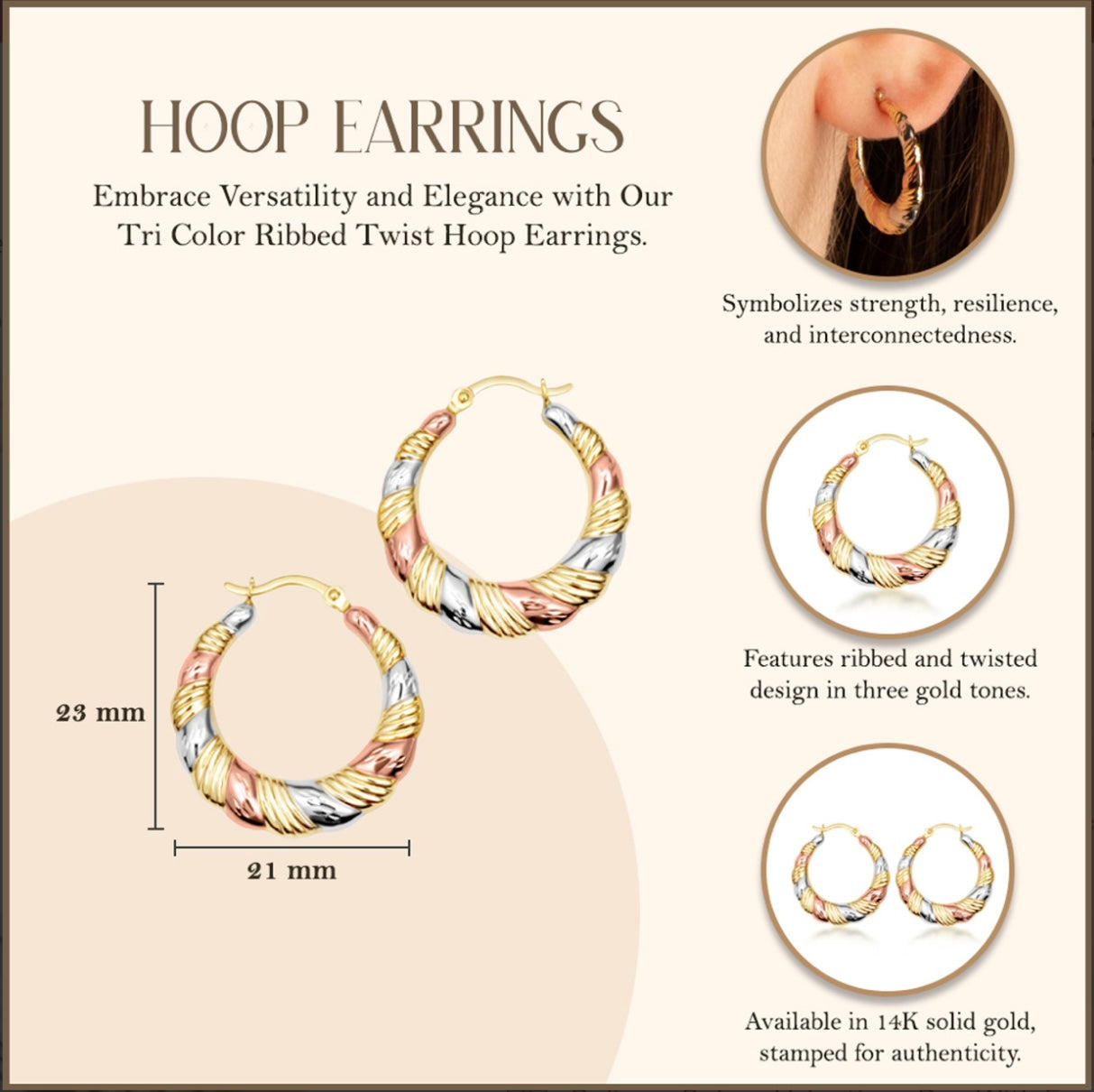 Tri-Color Gold Ribbed Twist Hoop Earrings