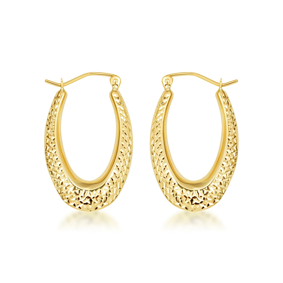 Yellow Gold Diamond Cut Oval Hoop Earrings