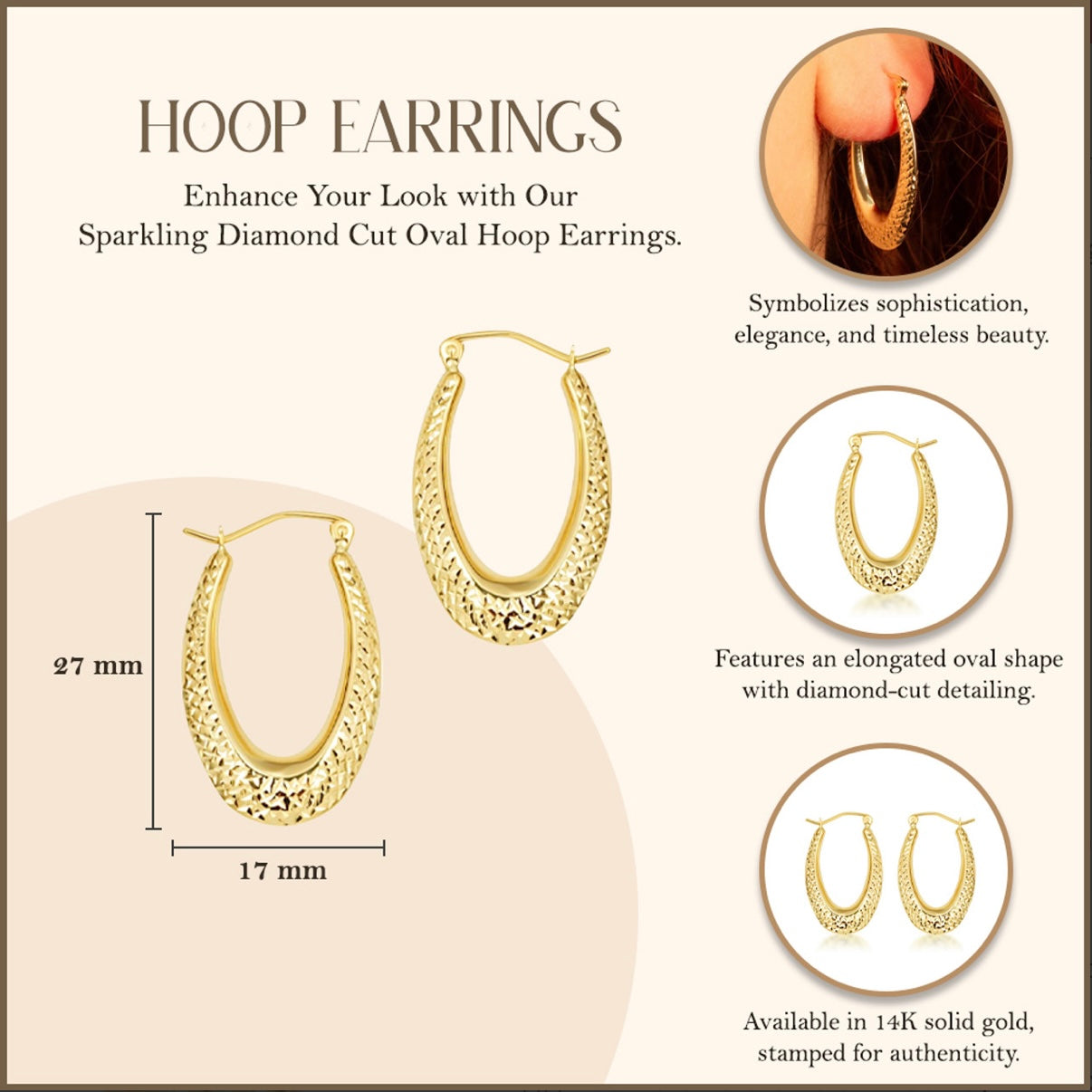 Yellow Gold Diamond Cut Oval Hoop Earrings