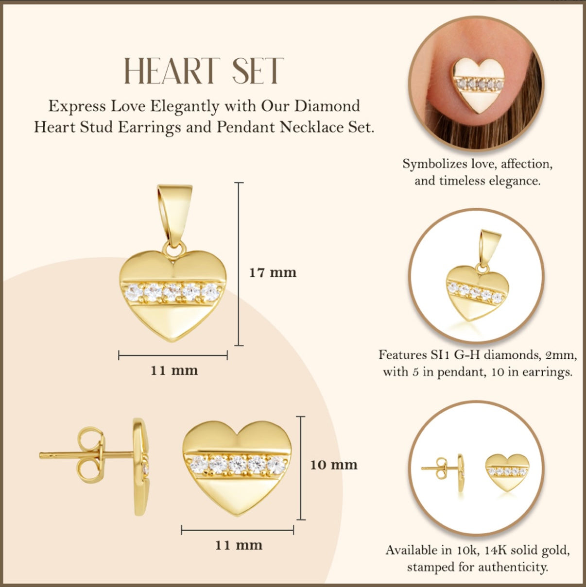 Gold Diamond Heart Stud Earrings and Necklace