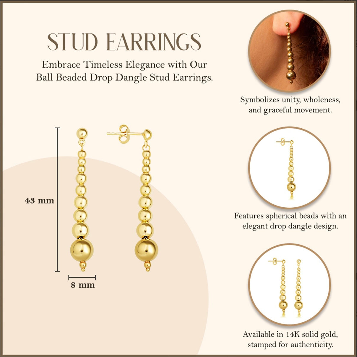 14k Yellow-Gold Ball Beaded Drop Dangle Stud Earrings