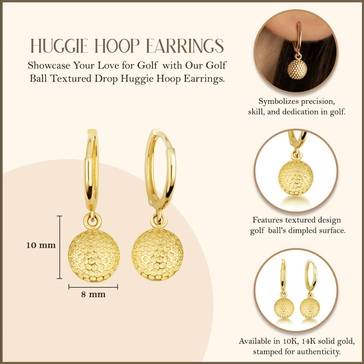 Yellow-Gold Golf Ball Textured Drop Huggie Earrings