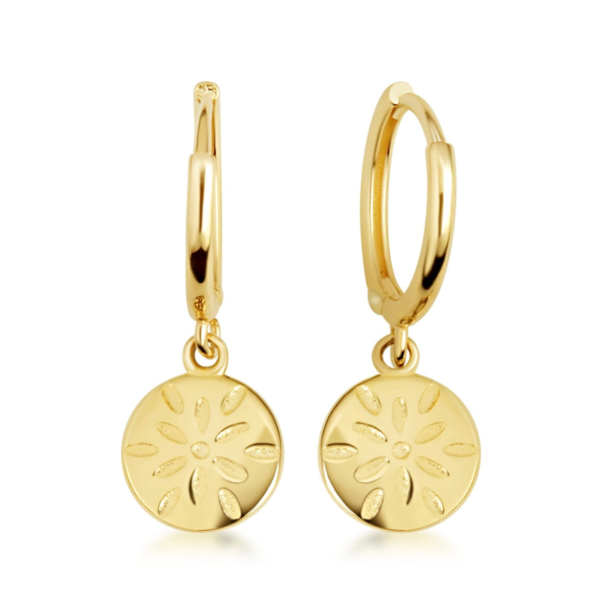 Yellow-Gold Flower Textured Diamond Cut Round Drop Huggie Hoop Earrings