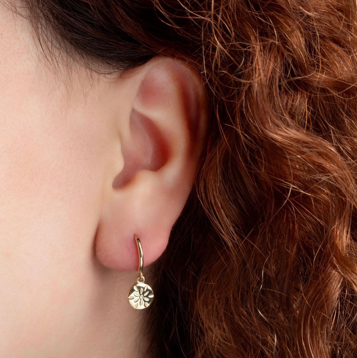 Yellow-Gold Flower Textured Diamond Cut Round Drop Huggie Hoop Earrings