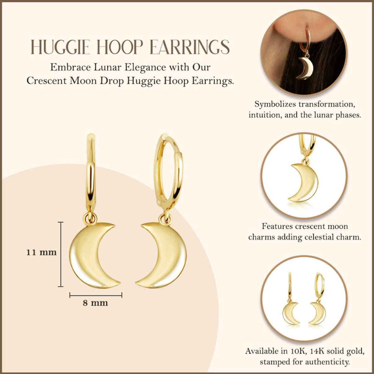 Yellow-Gold Crescent Moon Drop Huggie Hoop Earrings
