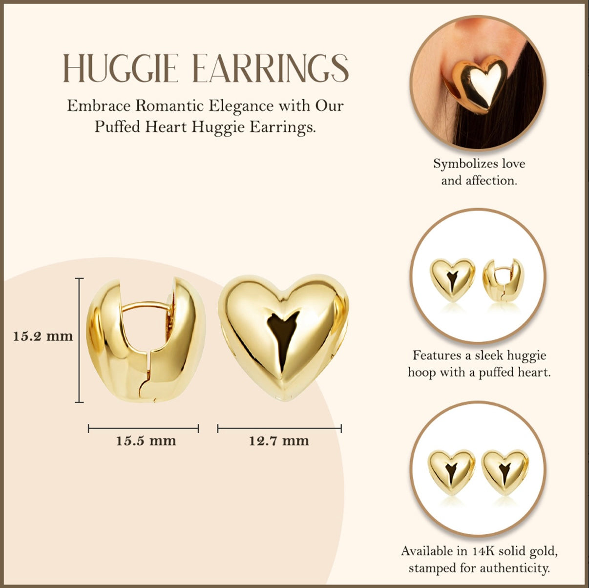 14K Yellow-Gold Puffed Heart Huggie Hoop Earrings