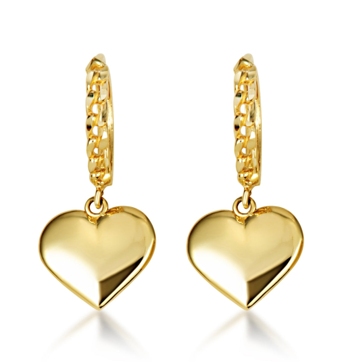 Yellow-Gold Heart Shape Love Cuban Link Huggie Hoop Earrings