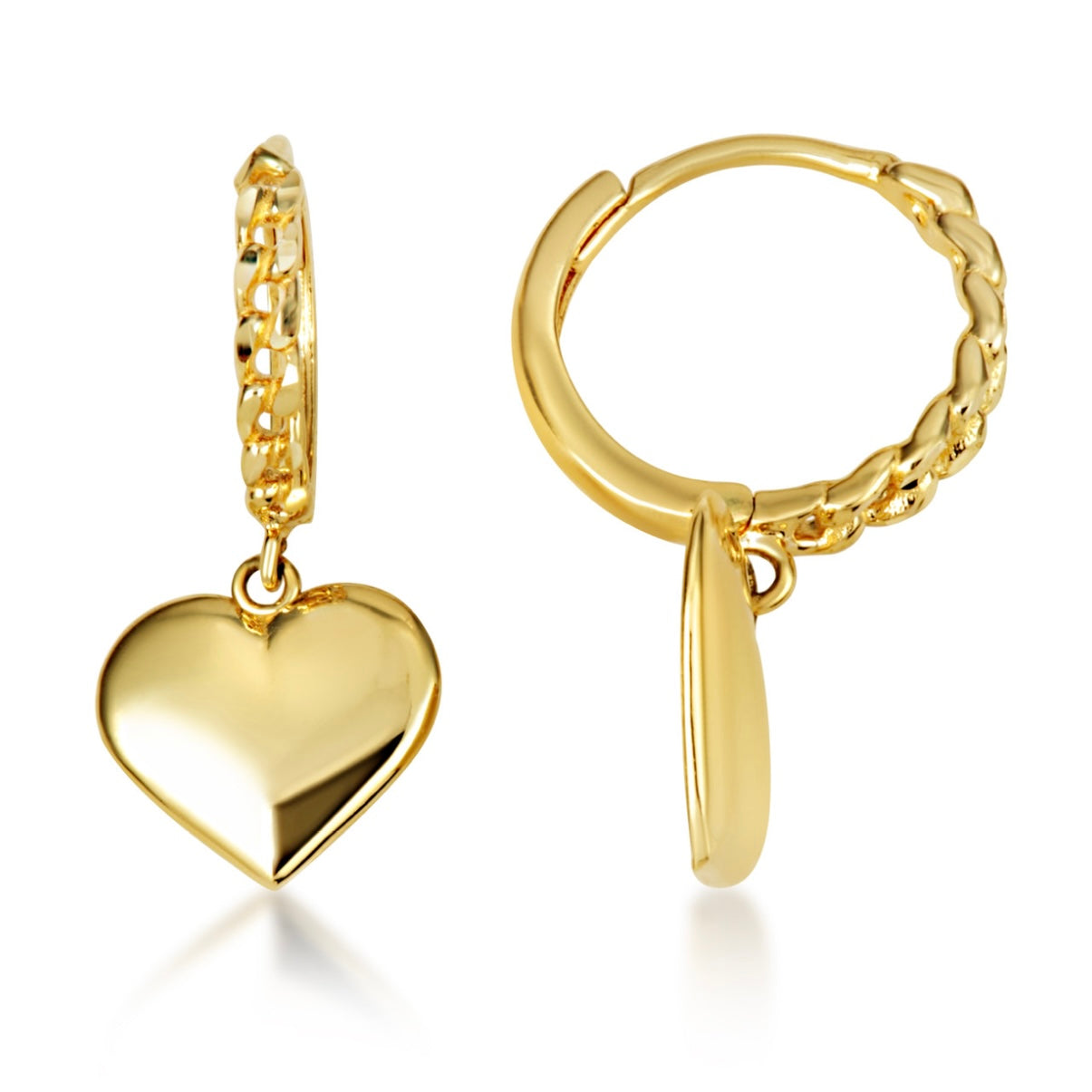 Yellow-Gold Heart Shape Love Cuban Link Huggie Hoop Earrings