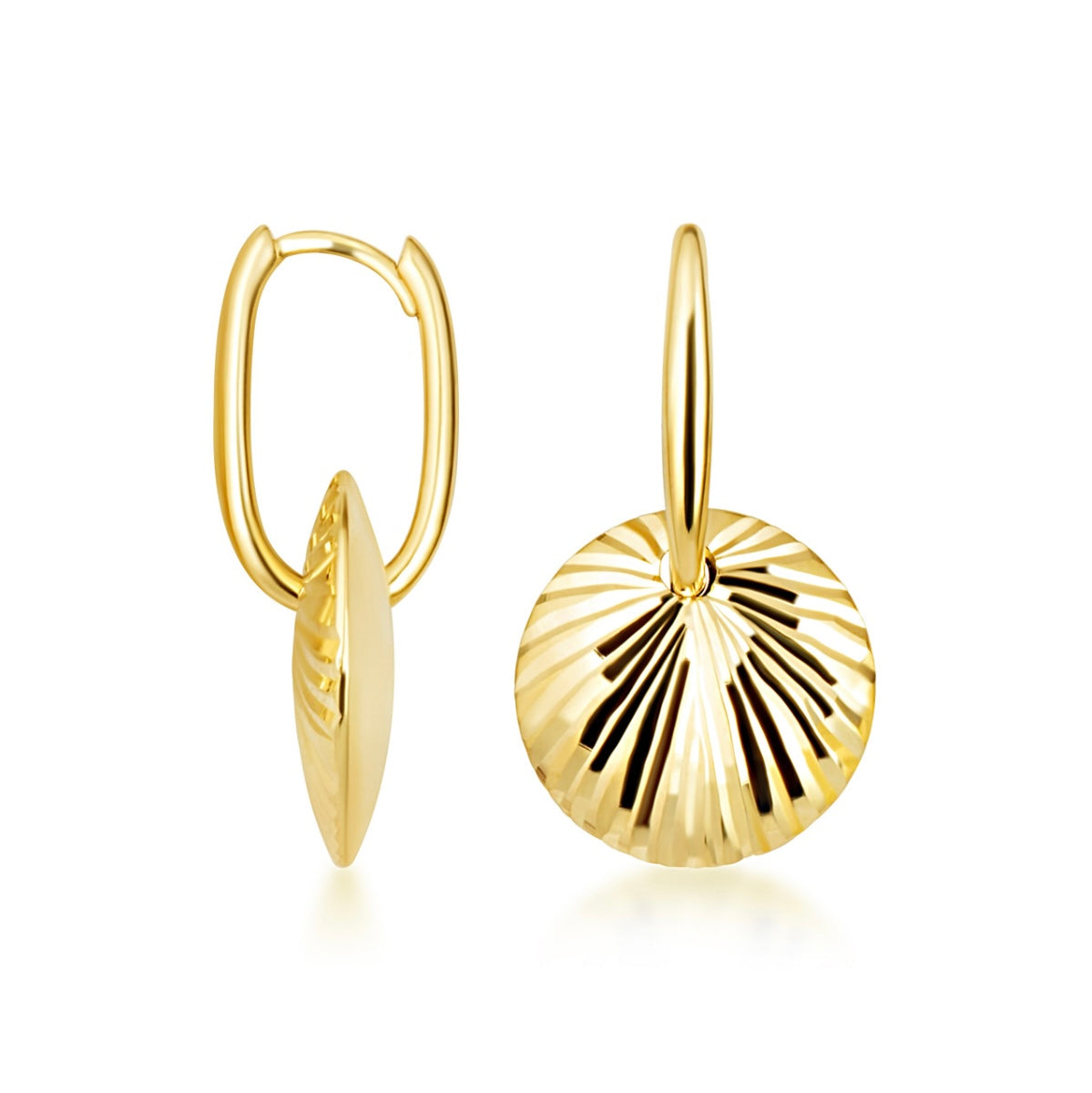 14K Yellow Gold Diamond Cut Textured Disc Drop Huggie Hoop Earrings