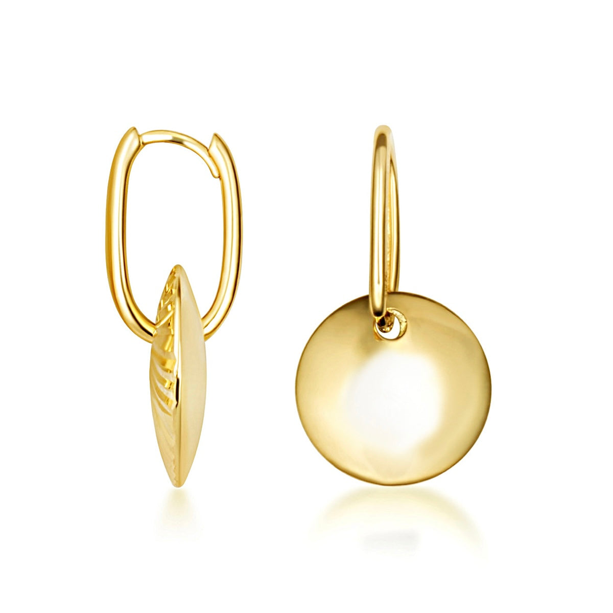 14K Yellow Gold Diamond Cut Textured Disc Drop Huggie Hoop Earrings