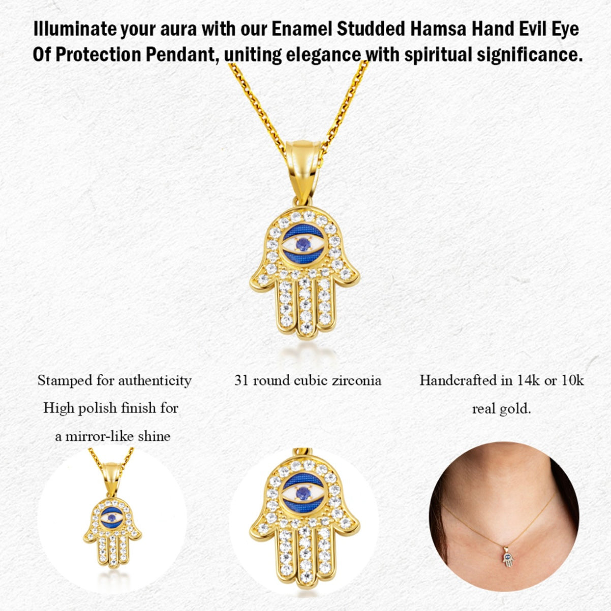 Gold Enamel Cubic Zirconia Studded Hamsa Hand Evil Eye Of Protection Pendant Necklace