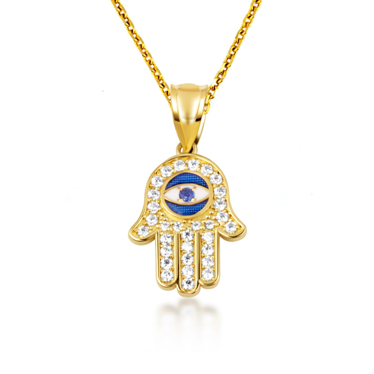 Gold Enamel Cubic Zirconia Studded Hamsa Hand Evil Eye Of Protection Pendant Necklace
