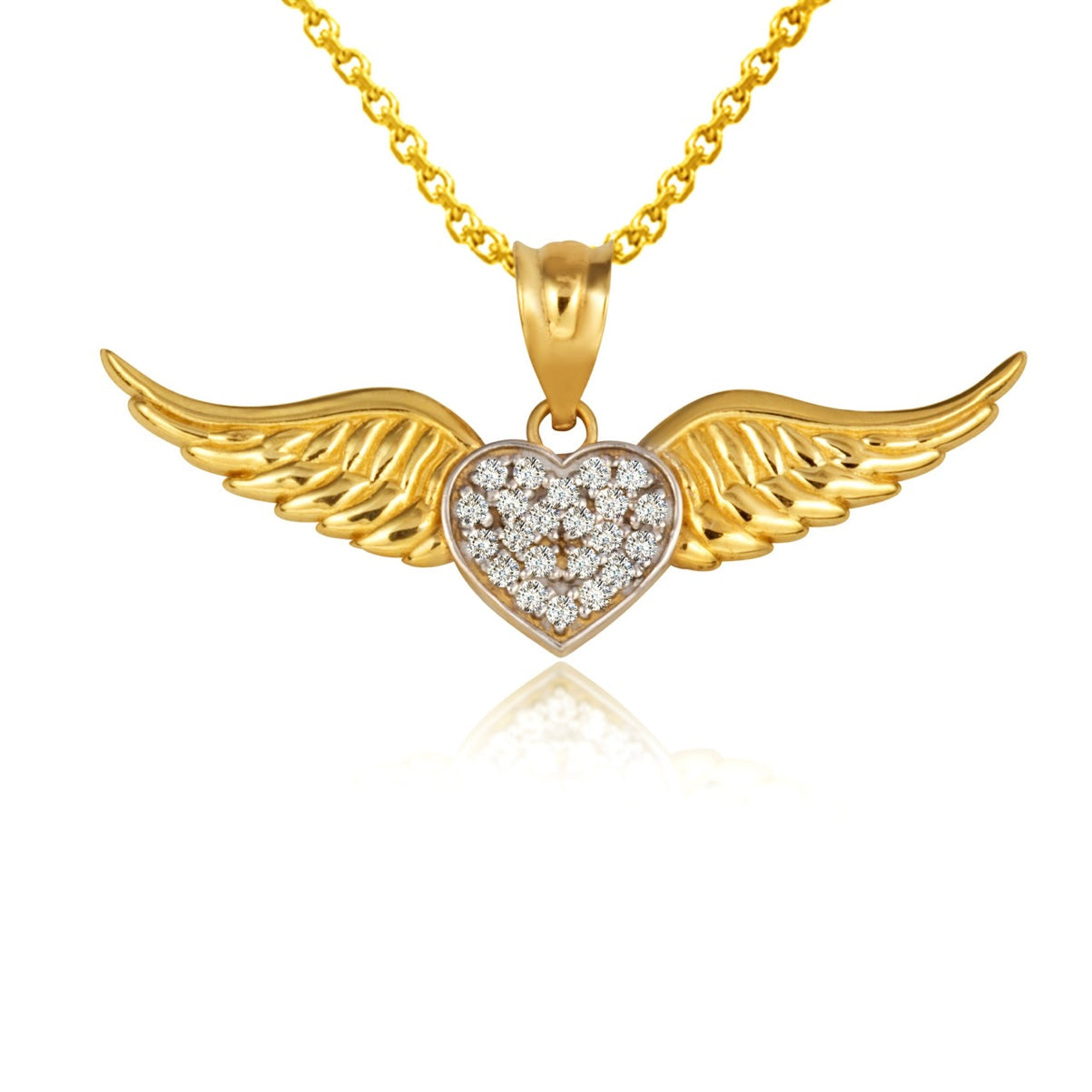 Gold Diamond Studded Winged Heart Pendant Necklace