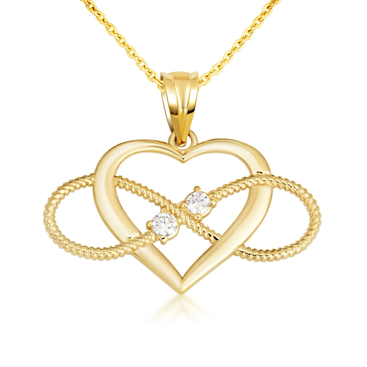 Gold Cubic Zirconia Heart Infinity Rope Pendant Necklace