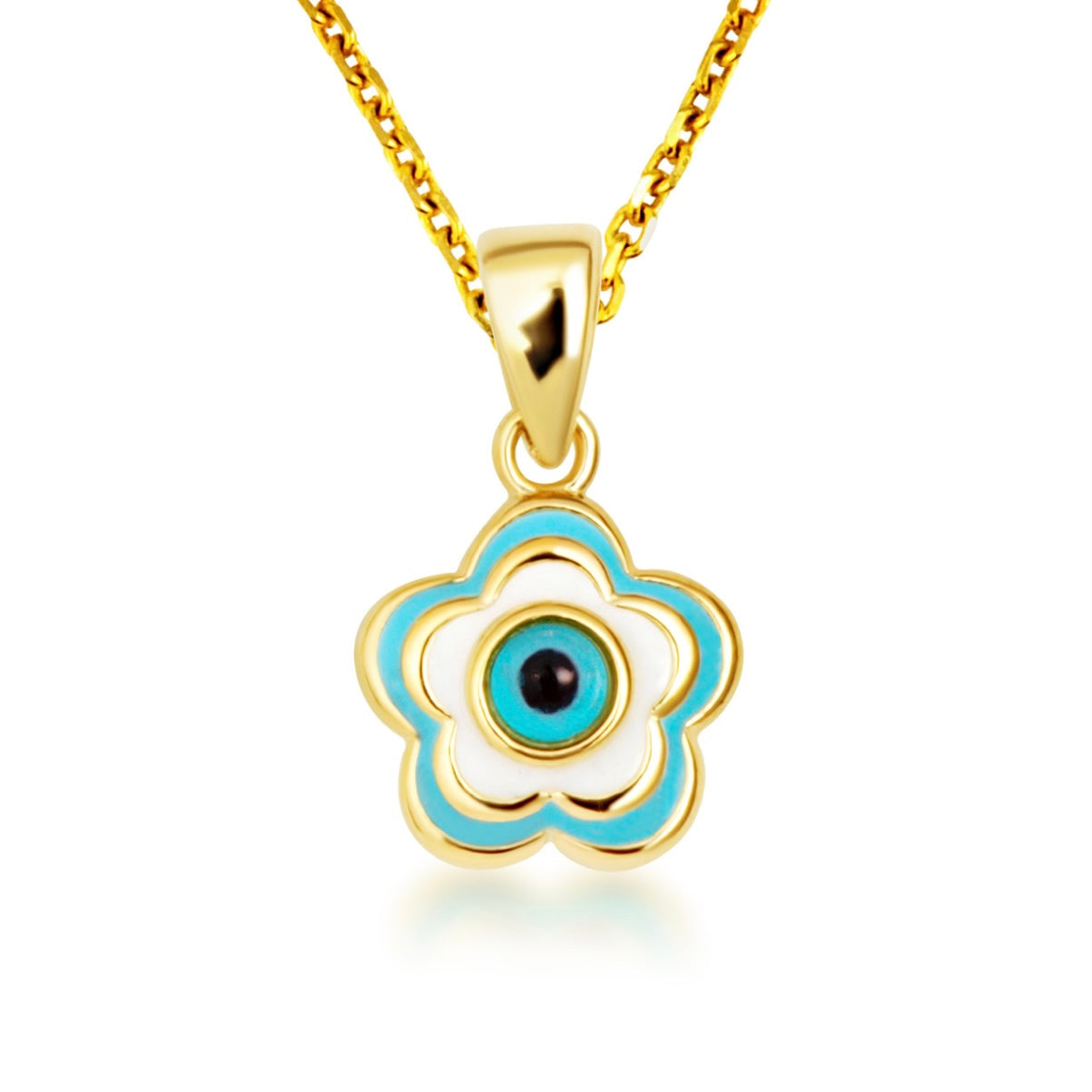 14K Yellow Gold Blue Enamel Flower Evil Eye Of Protection Pendant Necklace