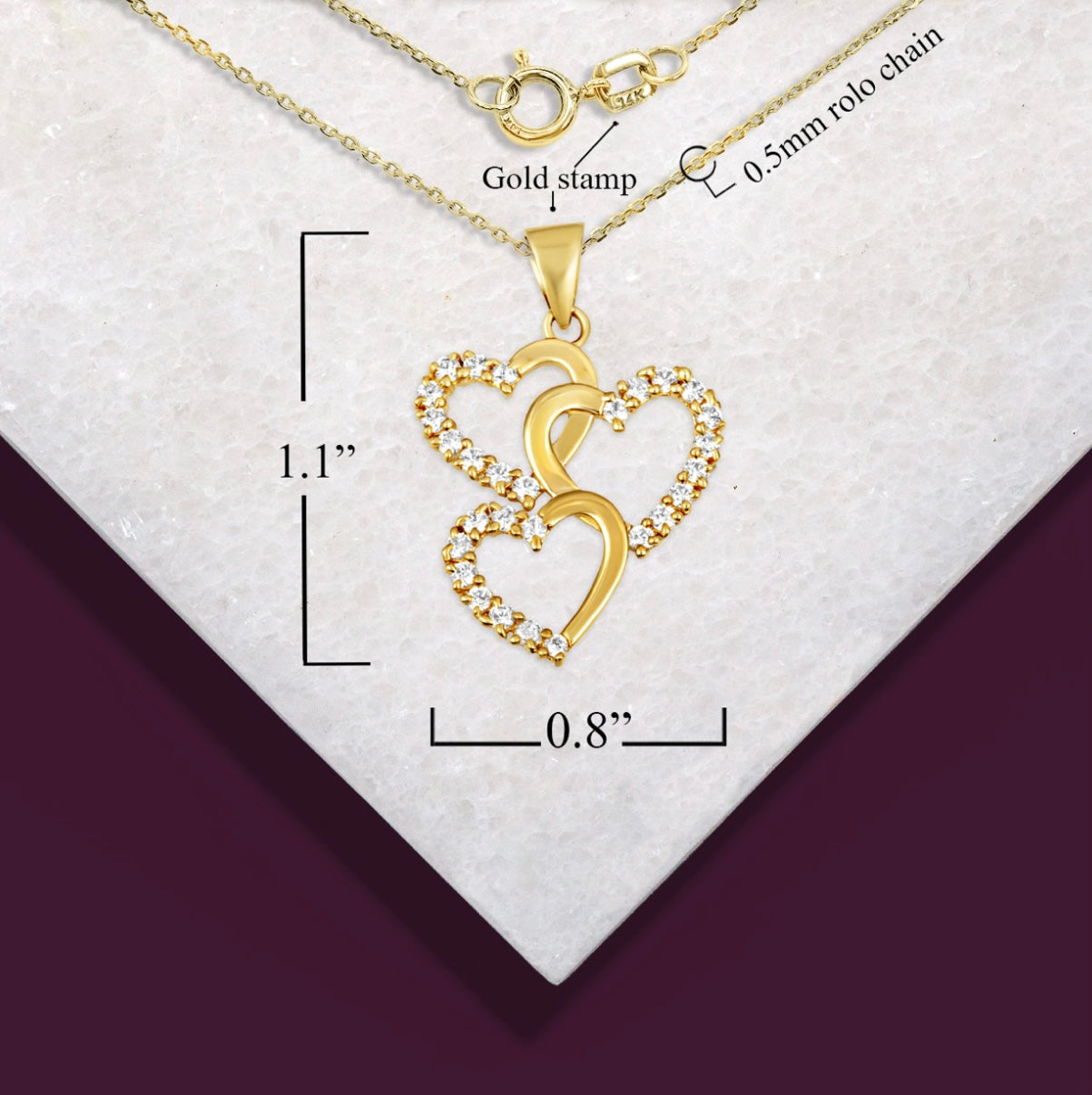 Gold Cubic Zirconia Triple Heart Pendant Necklace