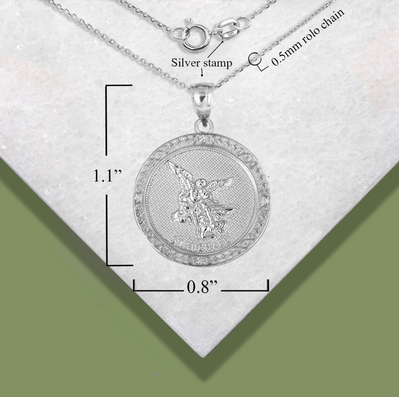 925 Sterling Silver Cubic Zirconia Saint Michael Archangel Beaded Coin Pendant Chain