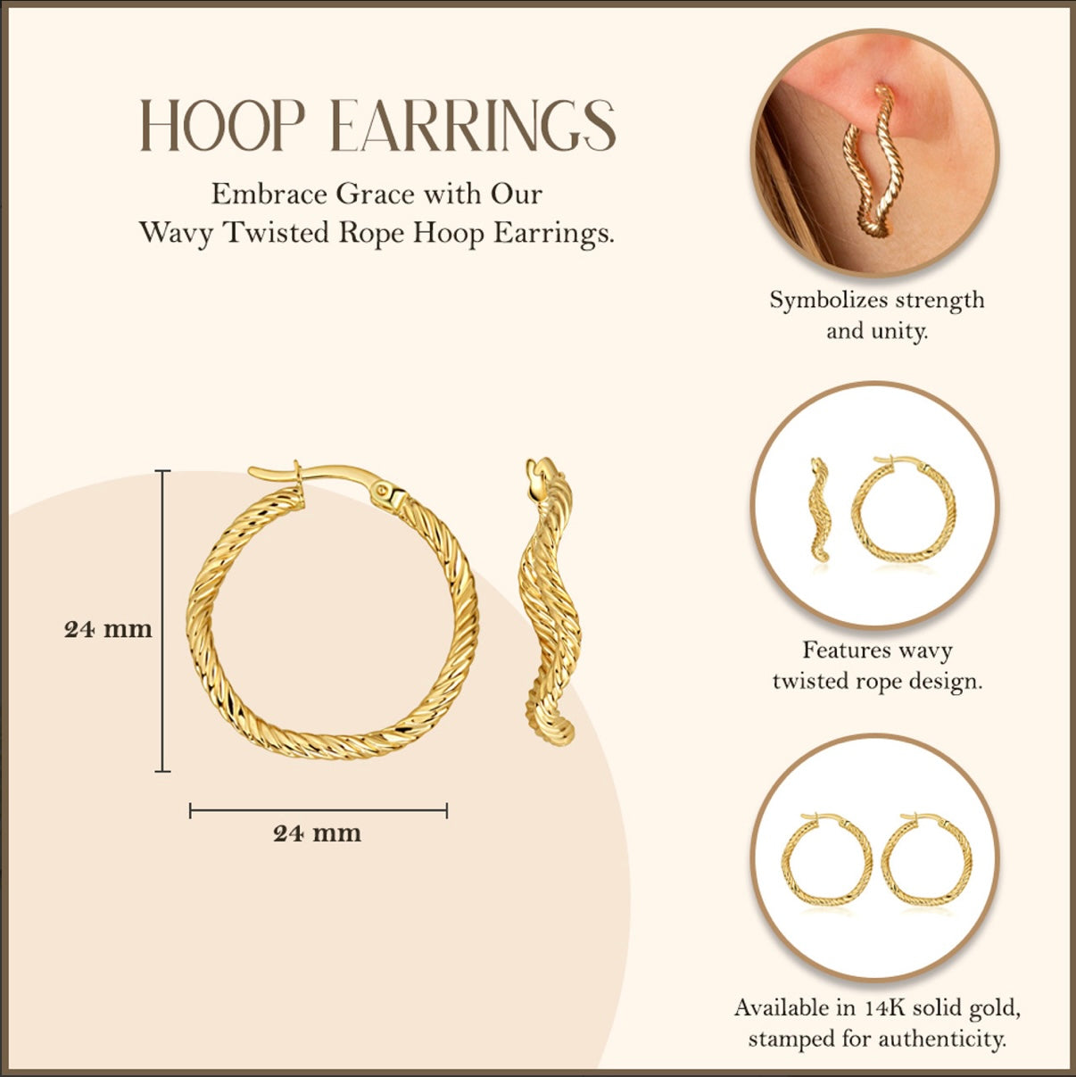 14K Yellow Gold Wavy Twisted Rope Hoop Earrings