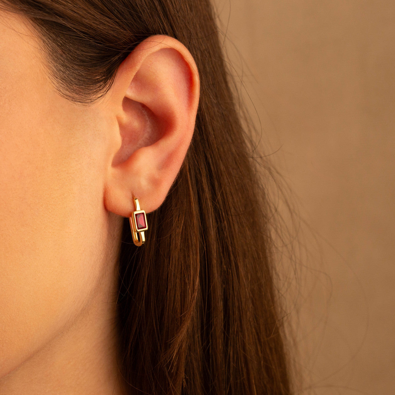 14K Gold Emerald Cut Ruby Birthstone Square Hoop Earrings