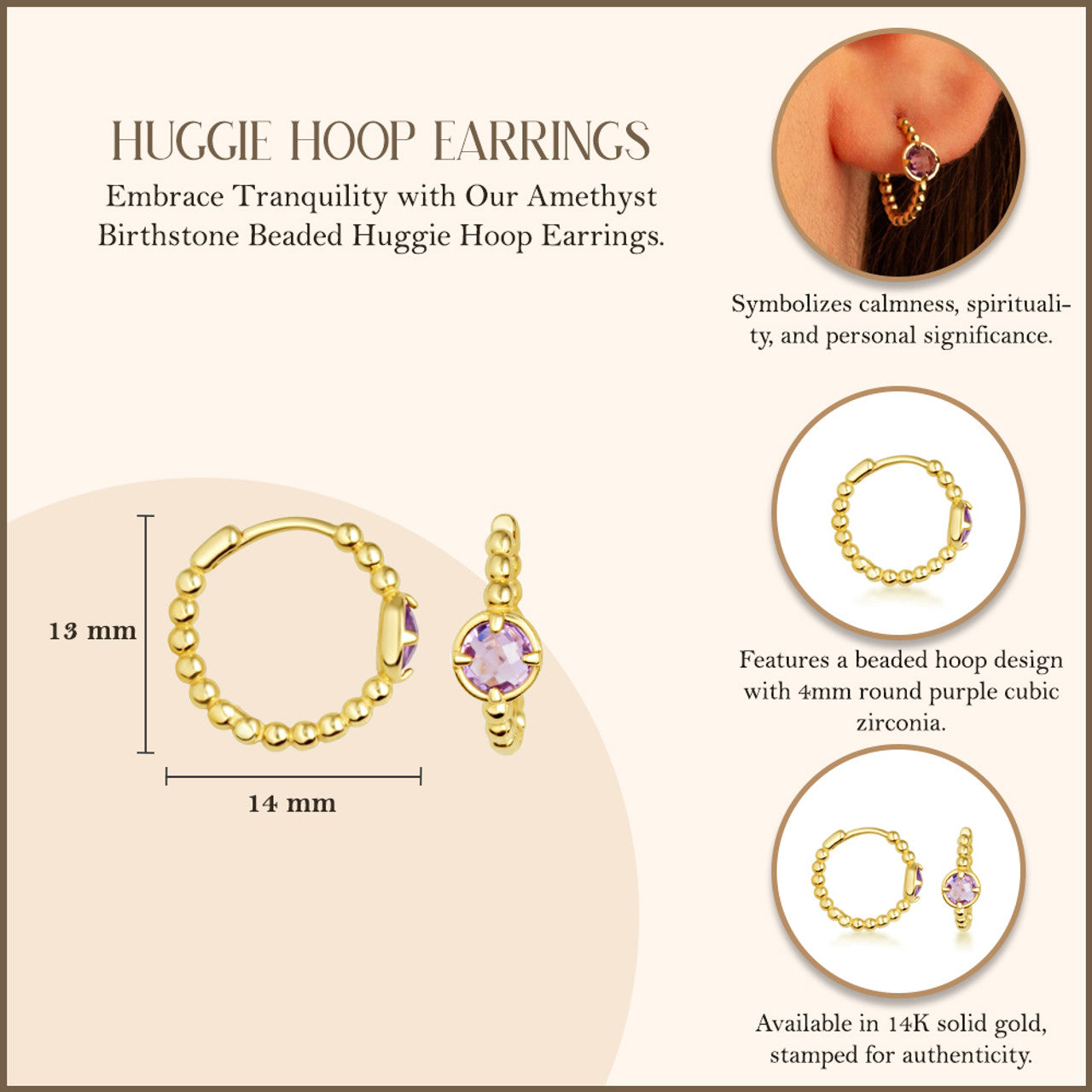14K Yellow Gold Amethyst Birthstone Beaded Huggie Hoop Earrings